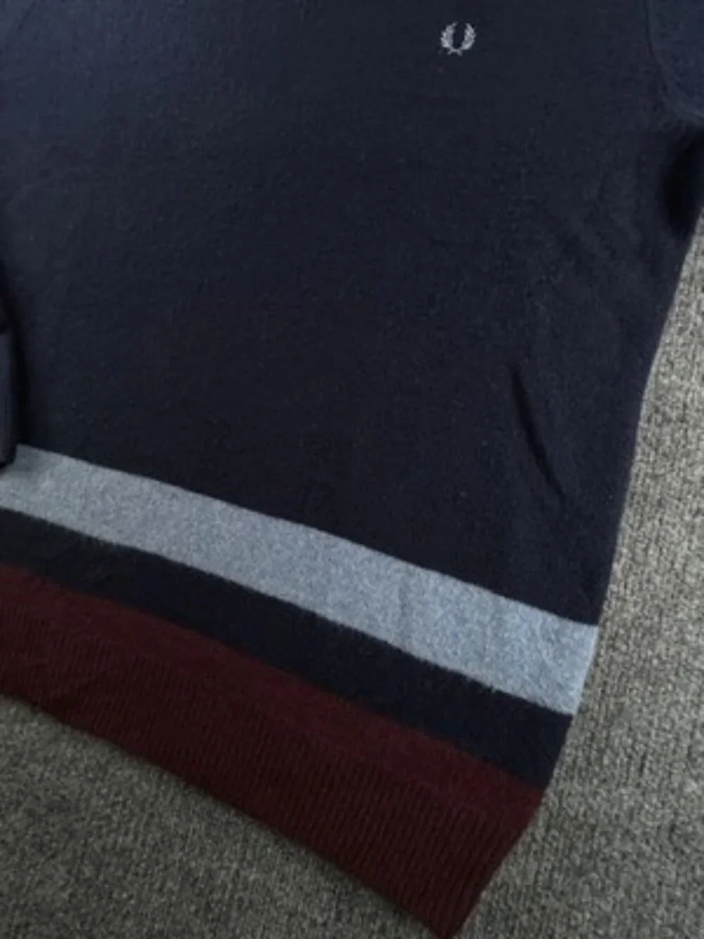 Fred Perry Pullover Logo XL Sweater Blue Red Crew Neck Wool Striped Designer